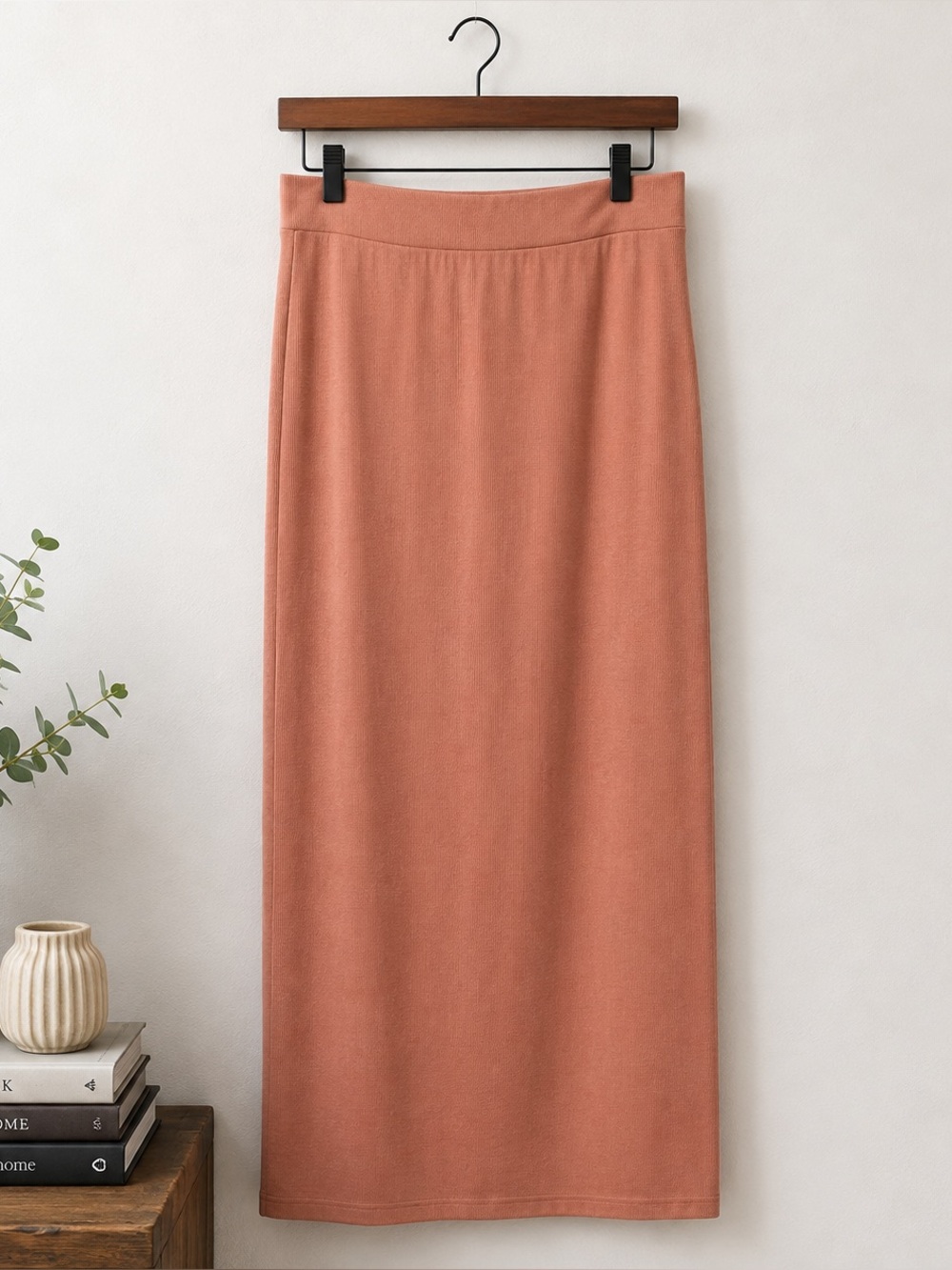 Column Maxi Skirt Rib Knit Dusty Terracotta Rose Stretch XL